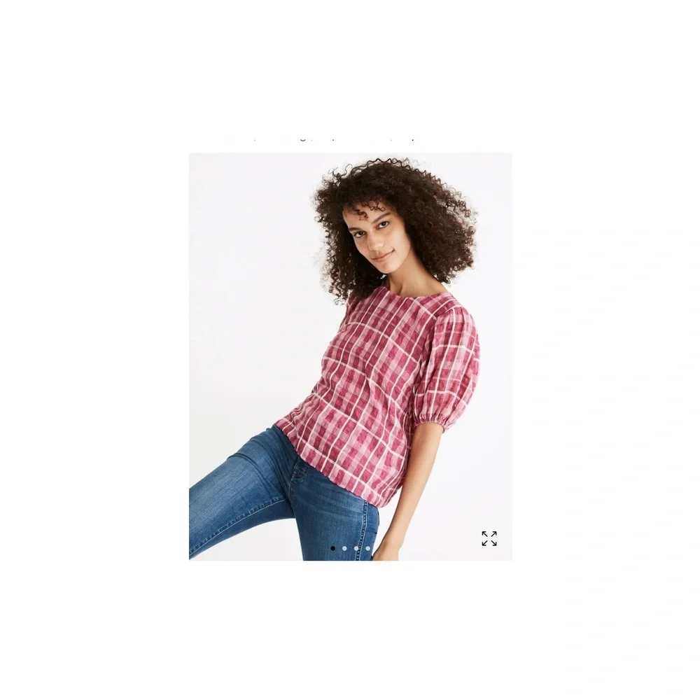 Madewell Plaid Puff Sleeve Top, Women's size Small, Color Azalea‎ Plaid